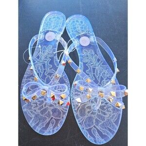 OLIVIA MILLER Clear Gold-Tone Studded Two-Bow Flip-Flops Jelly Sandals size 10